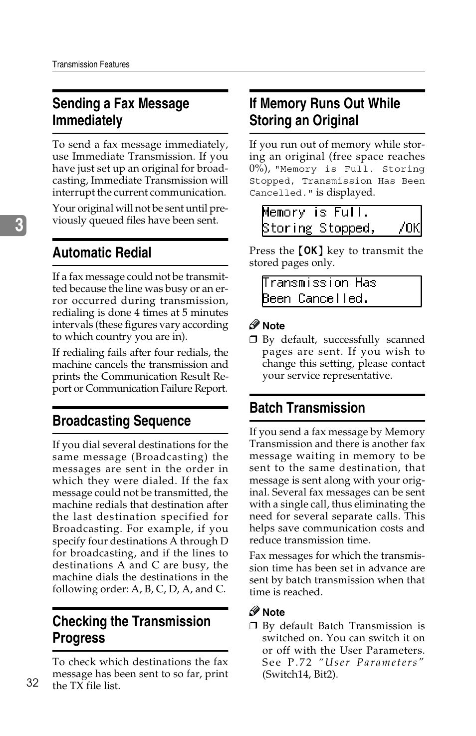 Sending a fax message immediately, Automatic redial, Broadcasting sequence | Checking the transmission progress, Batch transmission | Savin F ax Machine 1018 User Manual | Page 115 / 193