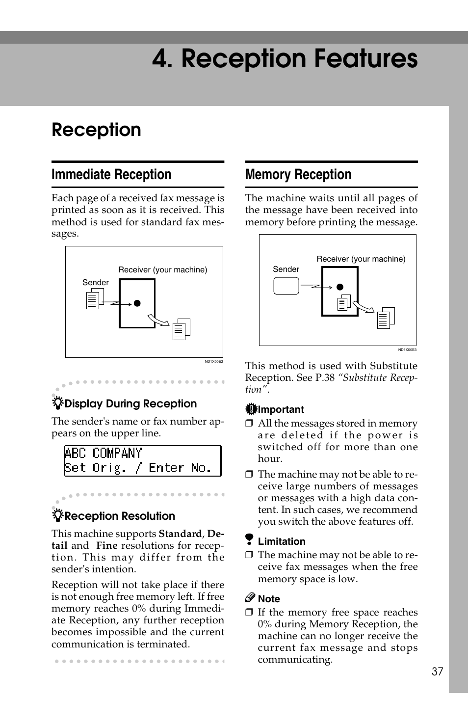 Reception features, Reception, Immediate reception | Savin F ax Machine 1018 User Manual | Page 120 / 193