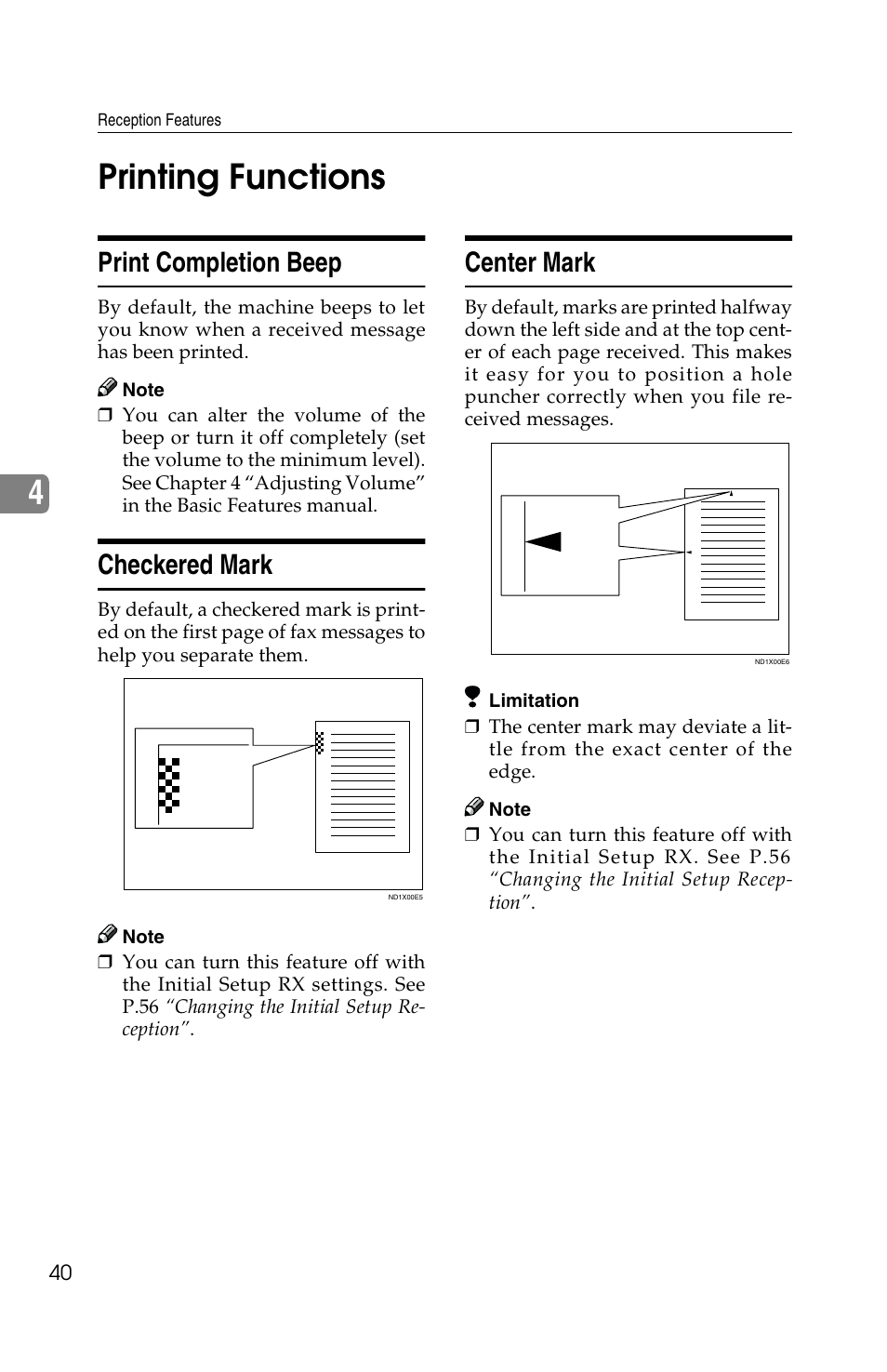 4printing functions, Print completion beep, Checkered mark | Center mark | Savin F ax Machine 1018 User Manual | Page 123 / 193