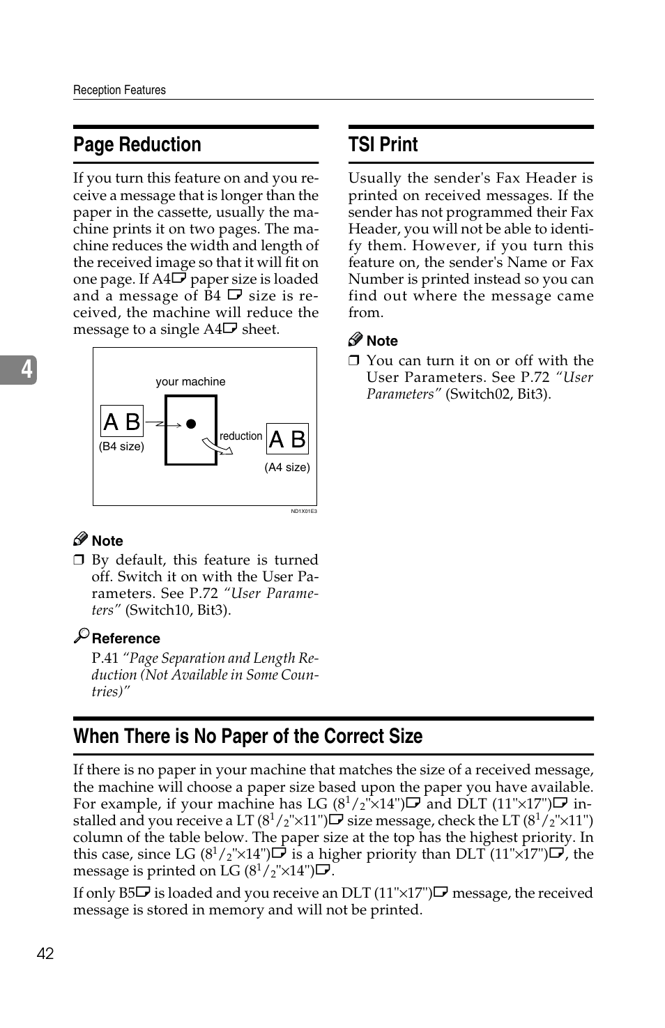 Page reduction, Tsi print, When there is no paper of the correct size | Savin F ax Machine 1018 User Manual | Page 125 / 193
