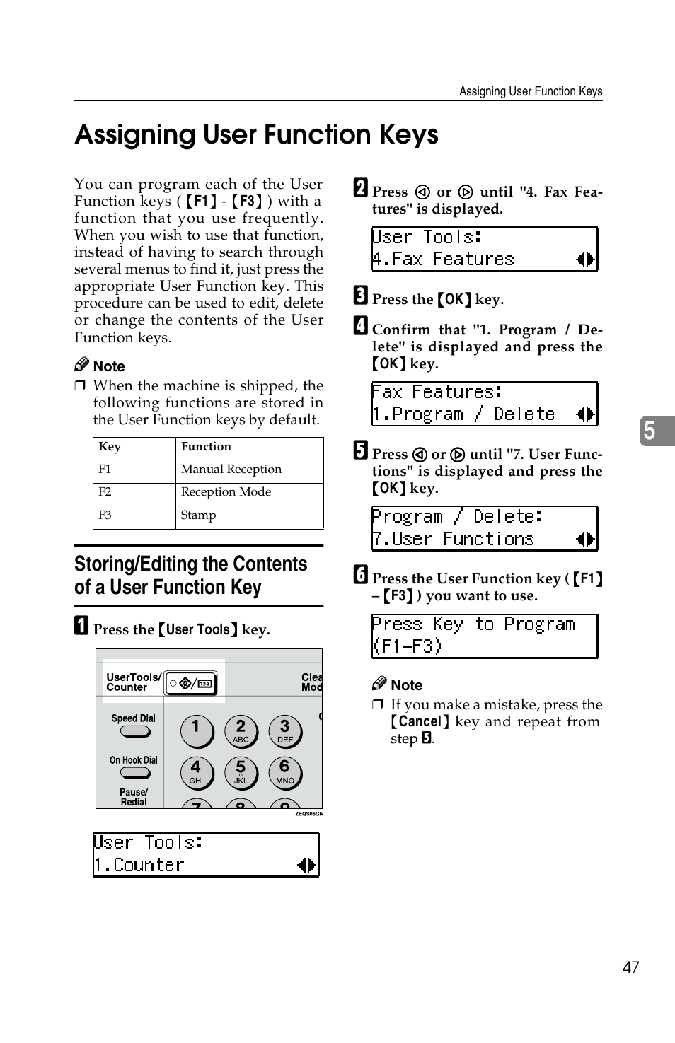 5assigning user function keys | Savin F ax Machine 1018 User Manual | Page 130 / 193