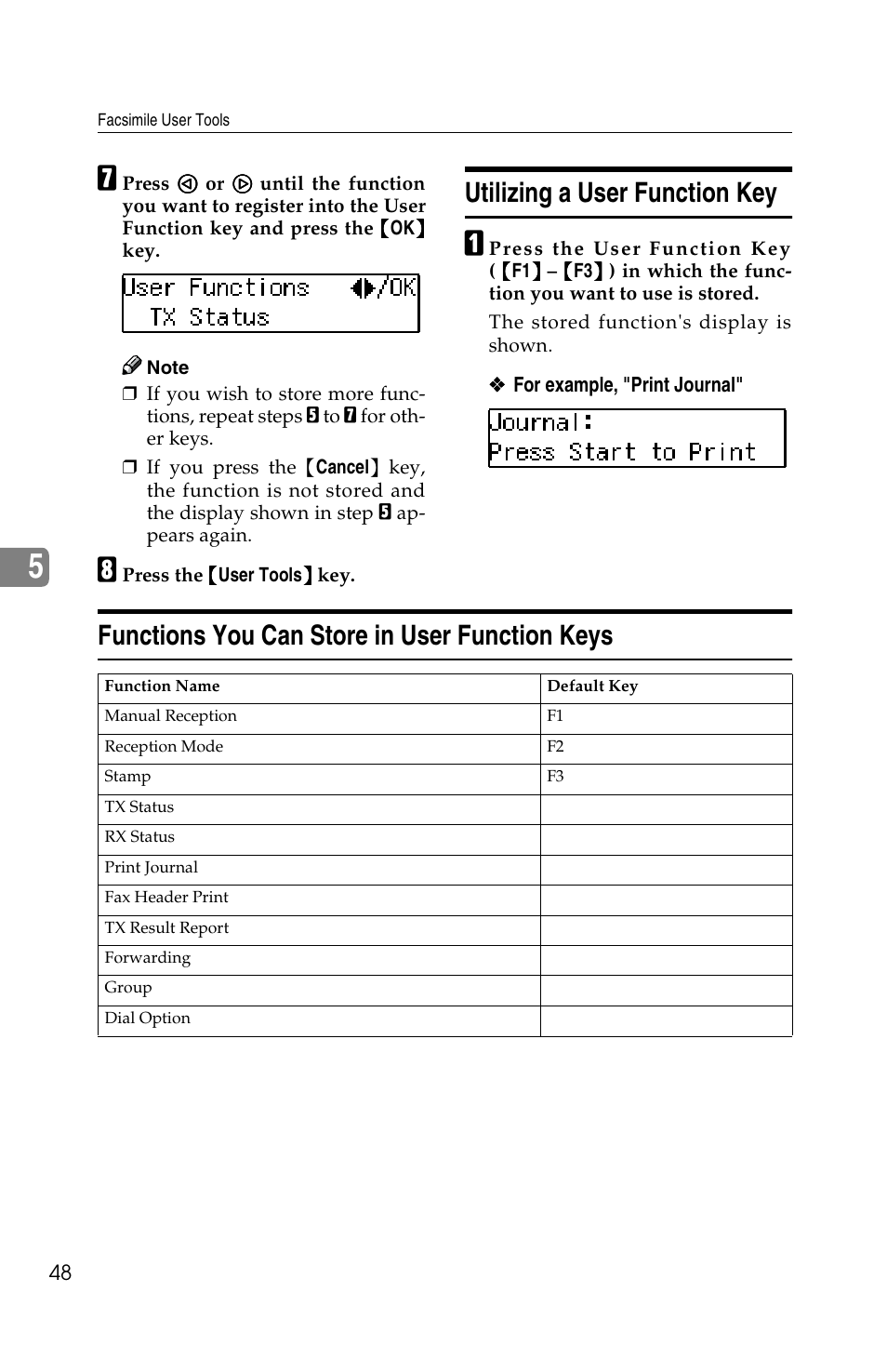 Utilizing a user function key, Functions you can store in user function keys | Savin F ax Machine 1018 User Manual | Page 131 / 193