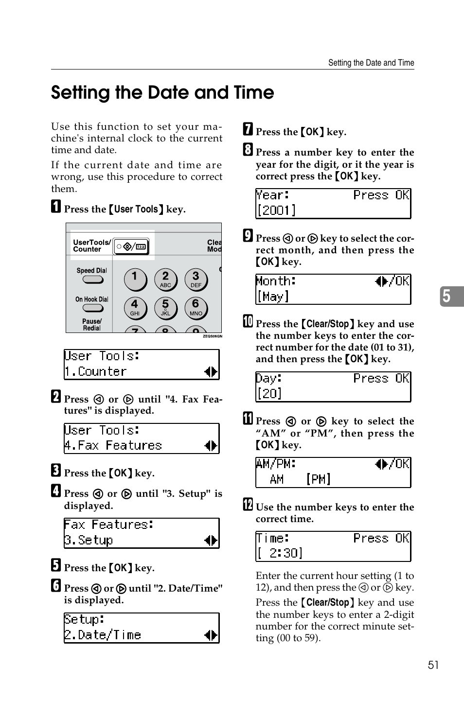 5setting the date and time | Savin F ax Machine 1018 User Manual | Page 134 / 193