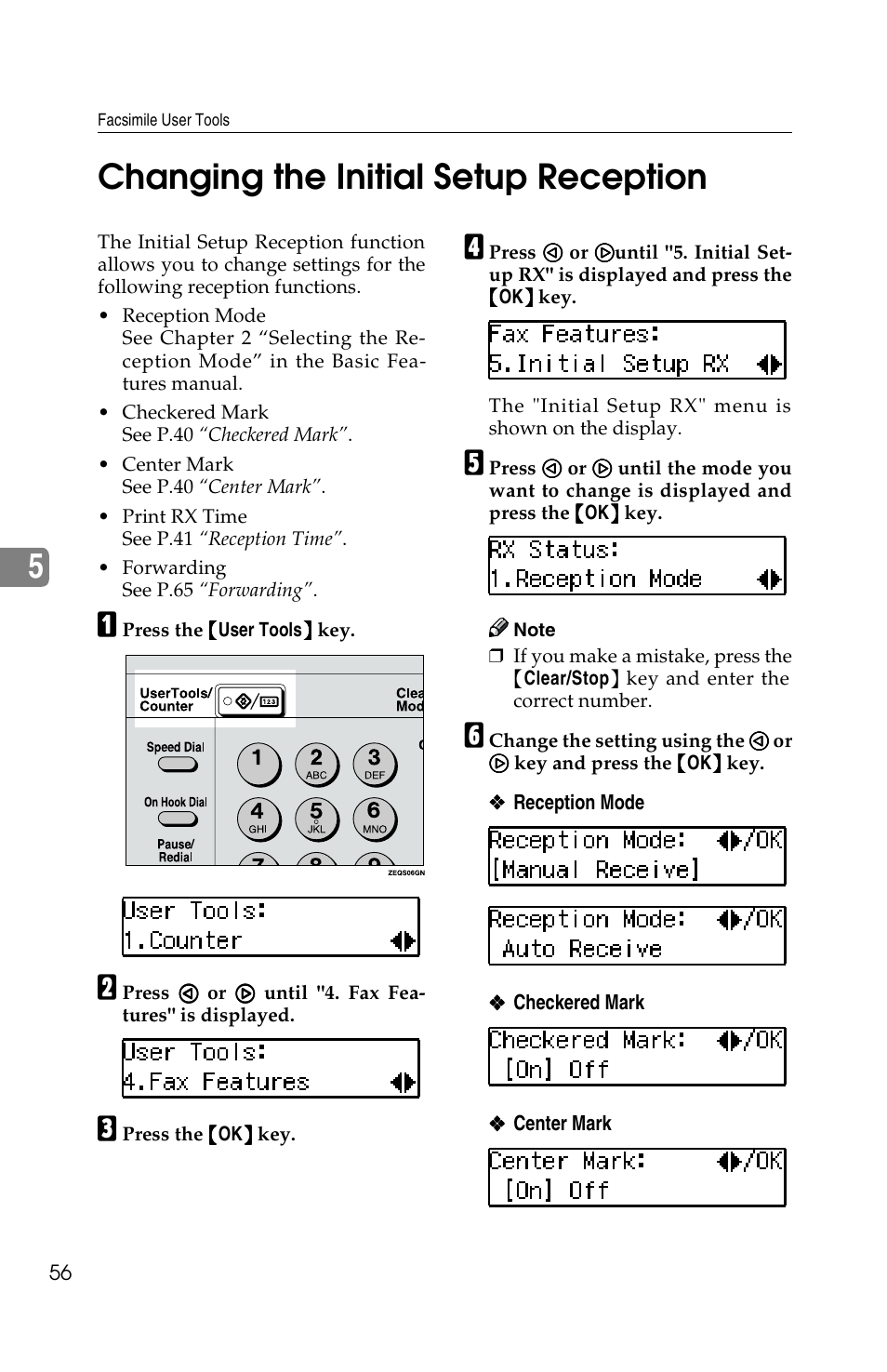 5changing the initial setup reception | Savin F ax Machine 1018 User Manual | Page 139 / 193