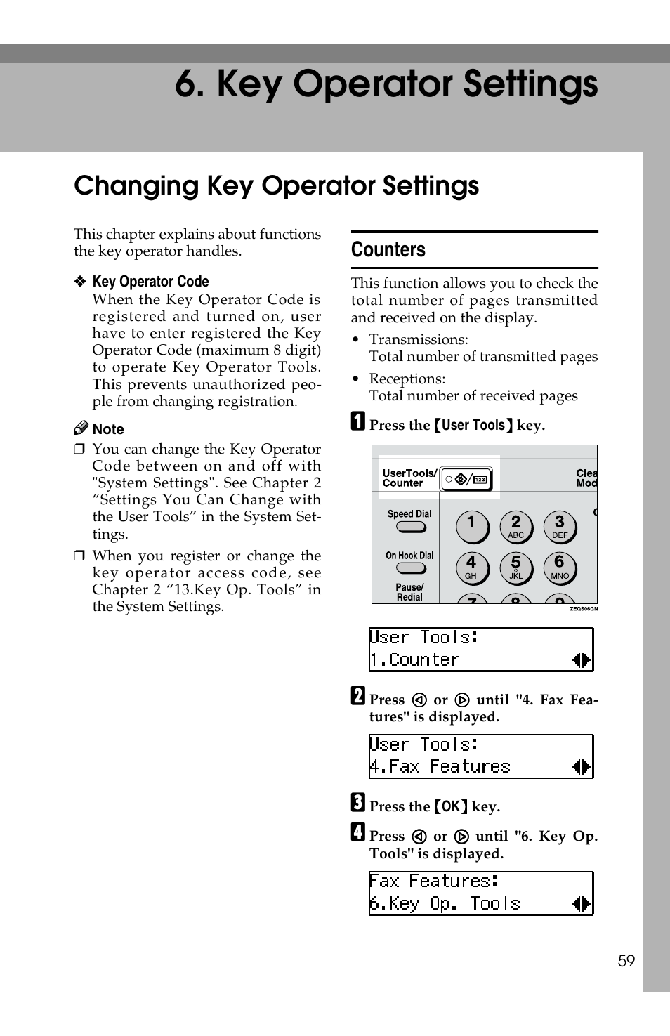 Key operator settings, Changing key operator settings, Counters | Savin F ax Machine 1018 User Manual | Page 142 / 193