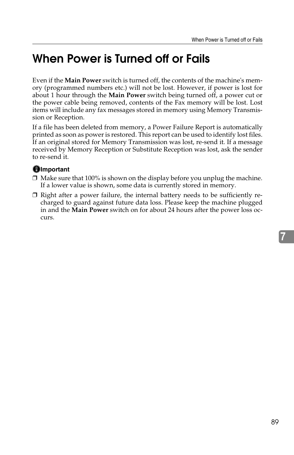 7when power is turned off or fails | Savin F ax Machine 1018 User Manual | Page 172 / 193