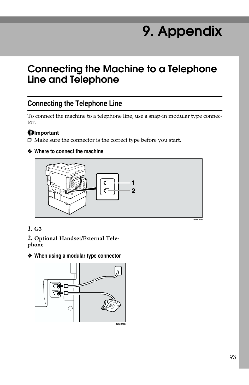 Appendix, Connecting the telephone line | Savin F ax Machine 1018 User Manual | Page 176 / 193
