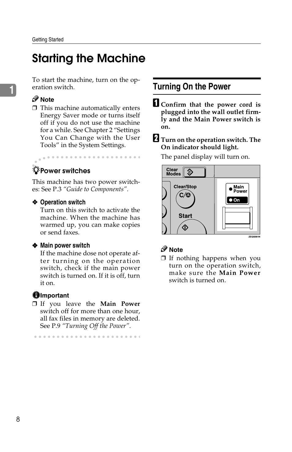 1starting the machine, Turning on the power | Savin F ax Machine 1018 User Manual | Page 18 / 193