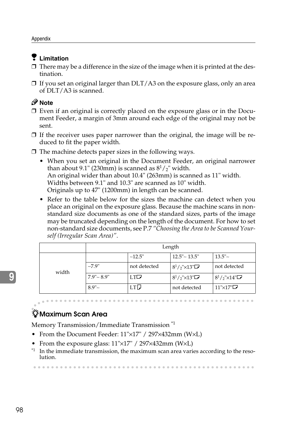 Maximum scan area | Savin F ax Machine 1018 User Manual | Page 181 / 193