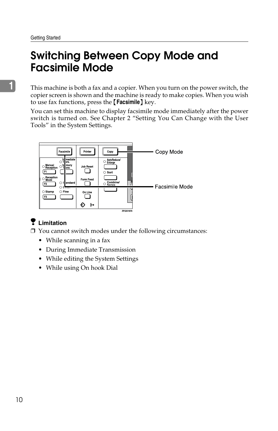 1switching between copy mode and facsimile mode | Savin F ax Machine 1018 User Manual | Page 20 / 193