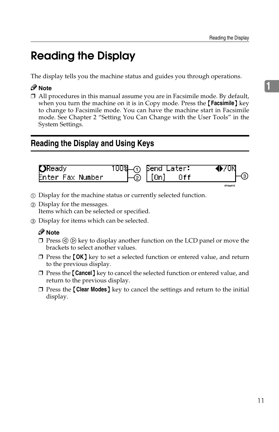1reading the display, Reading the display and using keys | Savin F ax Machine 1018 User Manual | Page 21 / 193