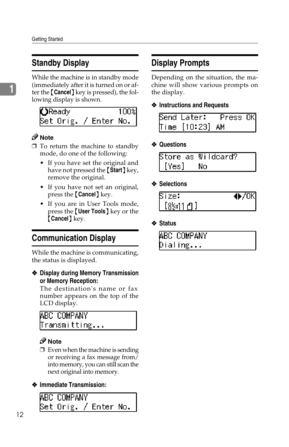 Standby display, Communication display, Display prompts | Savin F ax Machine 1018 User Manual | Page 22 / 193