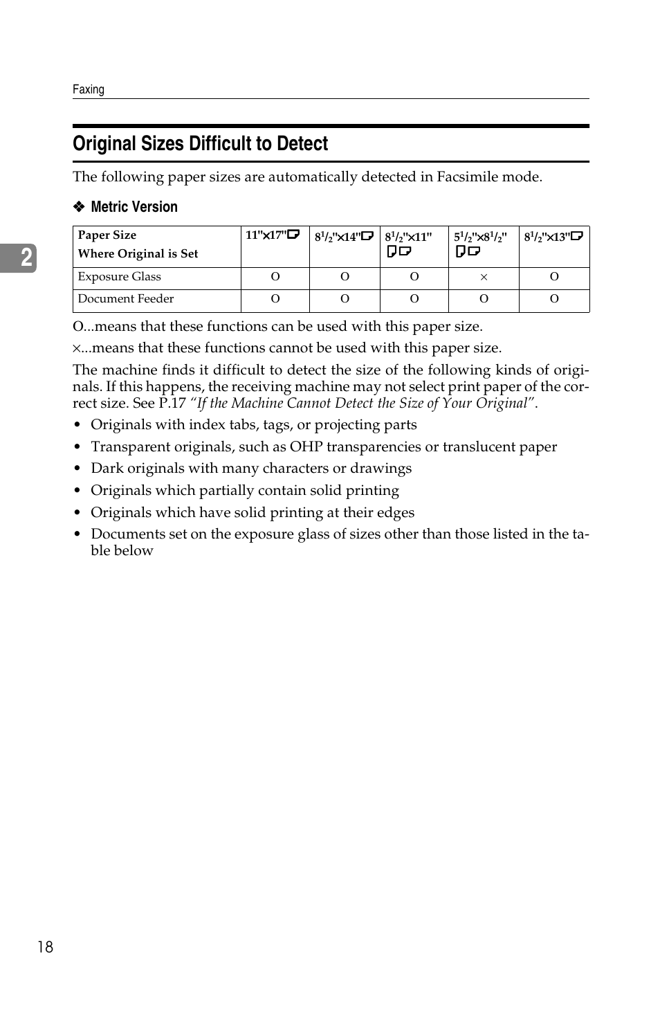 Original sizes difficult to detect, Metric version | Savin F ax Machine 1018 User Manual | Page 28 / 193