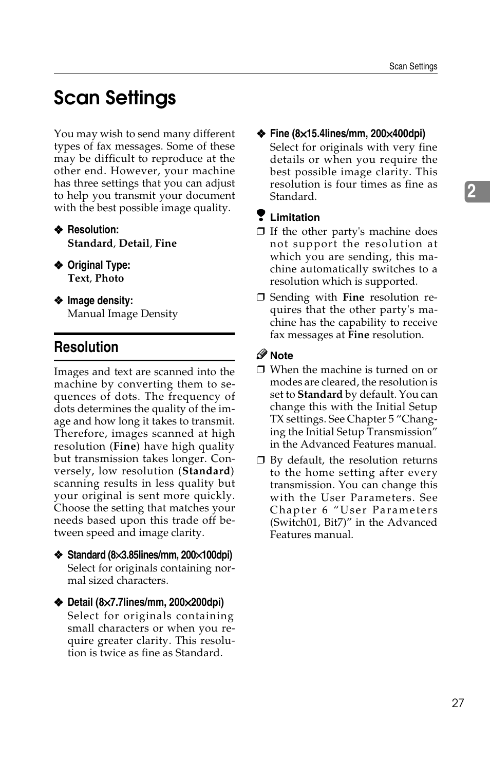 2scan settings, Resolution | Savin F ax Machine 1018 User Manual | Page 37 / 193