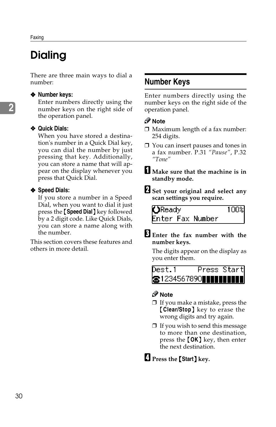 2dialing, Number keys | Savin F ax Machine 1018 User Manual | Page 40 / 193