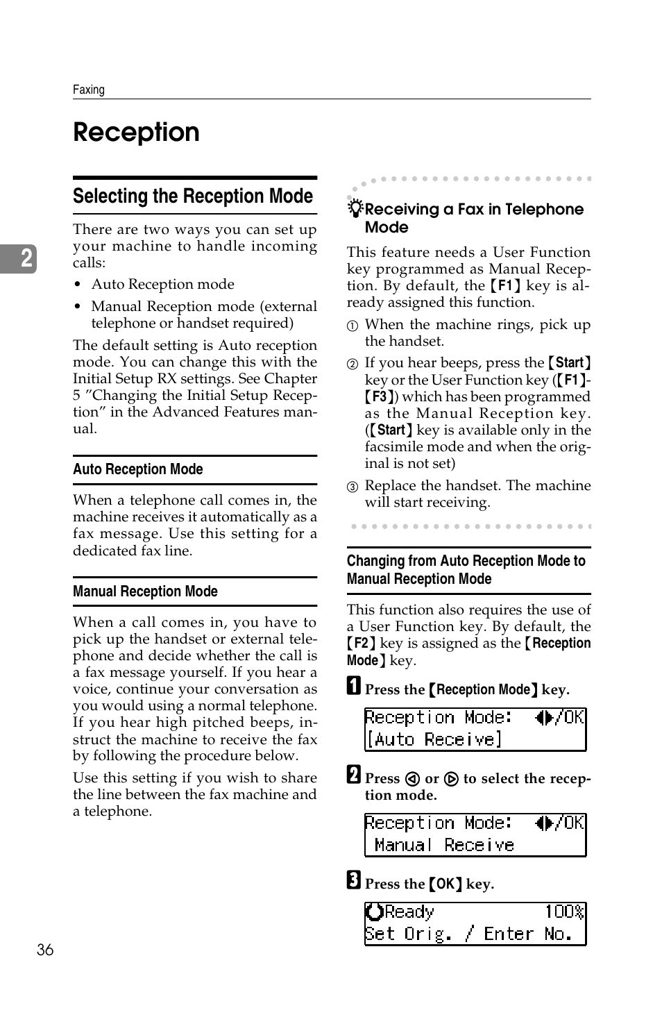 2reception, Selecting the reception mode | Savin F ax Machine 1018 User Manual | Page 46 / 193