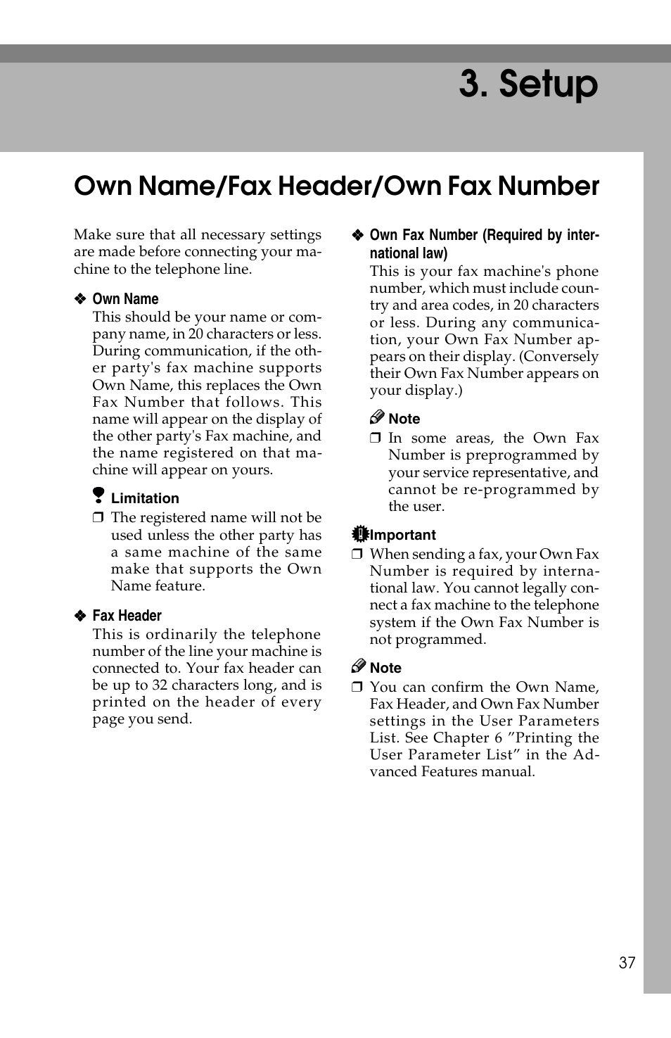 Setup, Own name/fax header/own fax number | Savin F ax Machine 1018 User Manual | Page 47 / 193