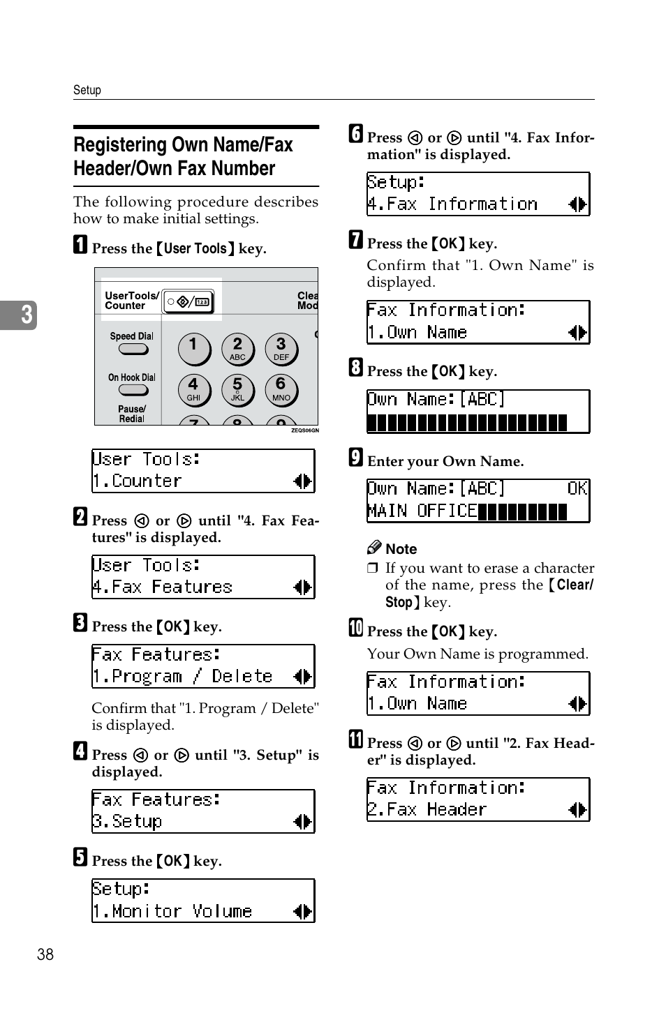 Registering own name/fax header/own fax number | Savin F ax Machine 1018 User Manual | Page 48 / 193
