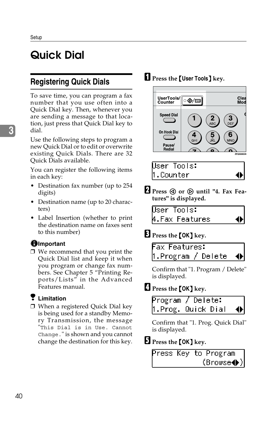 3quick dial, Registering quick dials | Savin F ax Machine 1018 User Manual | Page 50 / 193