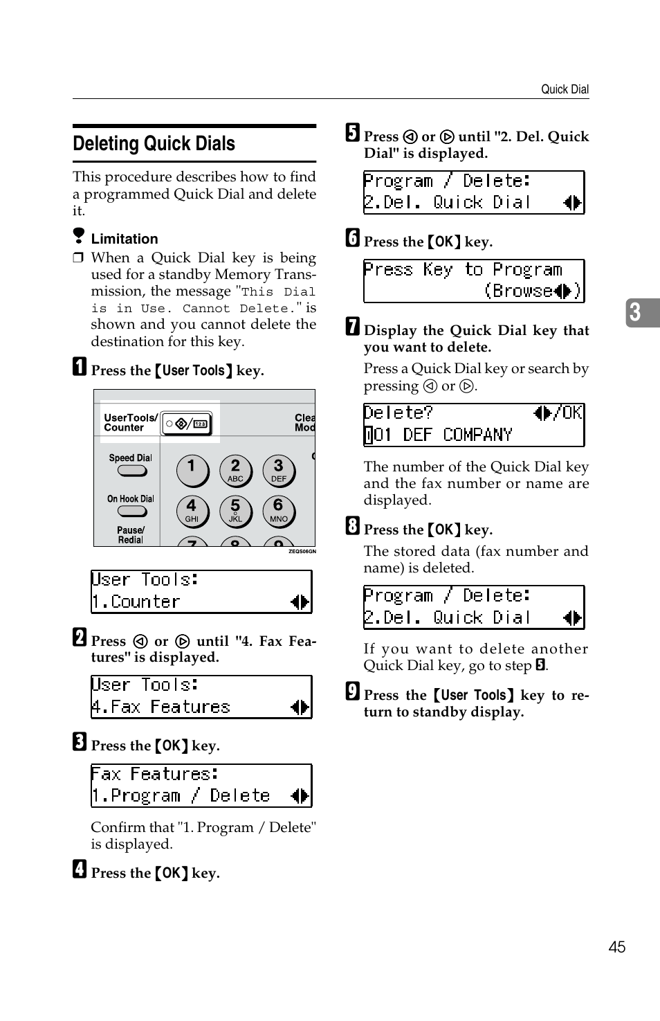 Deleting quick dials | Savin F ax Machine 1018 User Manual | Page 55 / 193