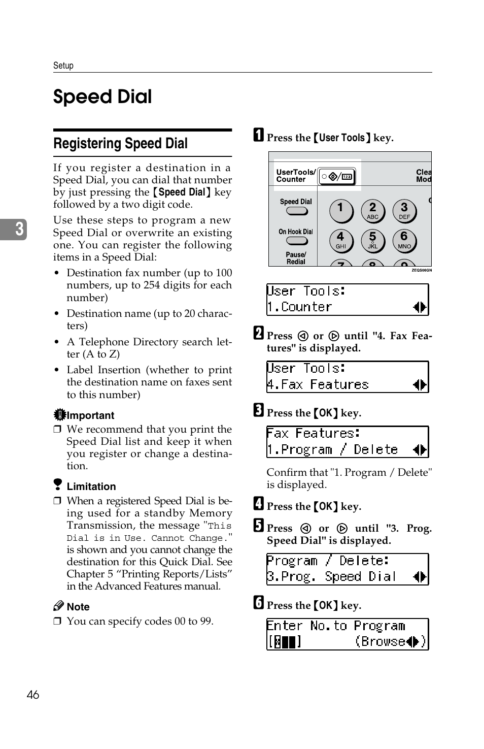 3speed dial, Registering speed dial | Savin F ax Machine 1018 User Manual | Page 56 / 193