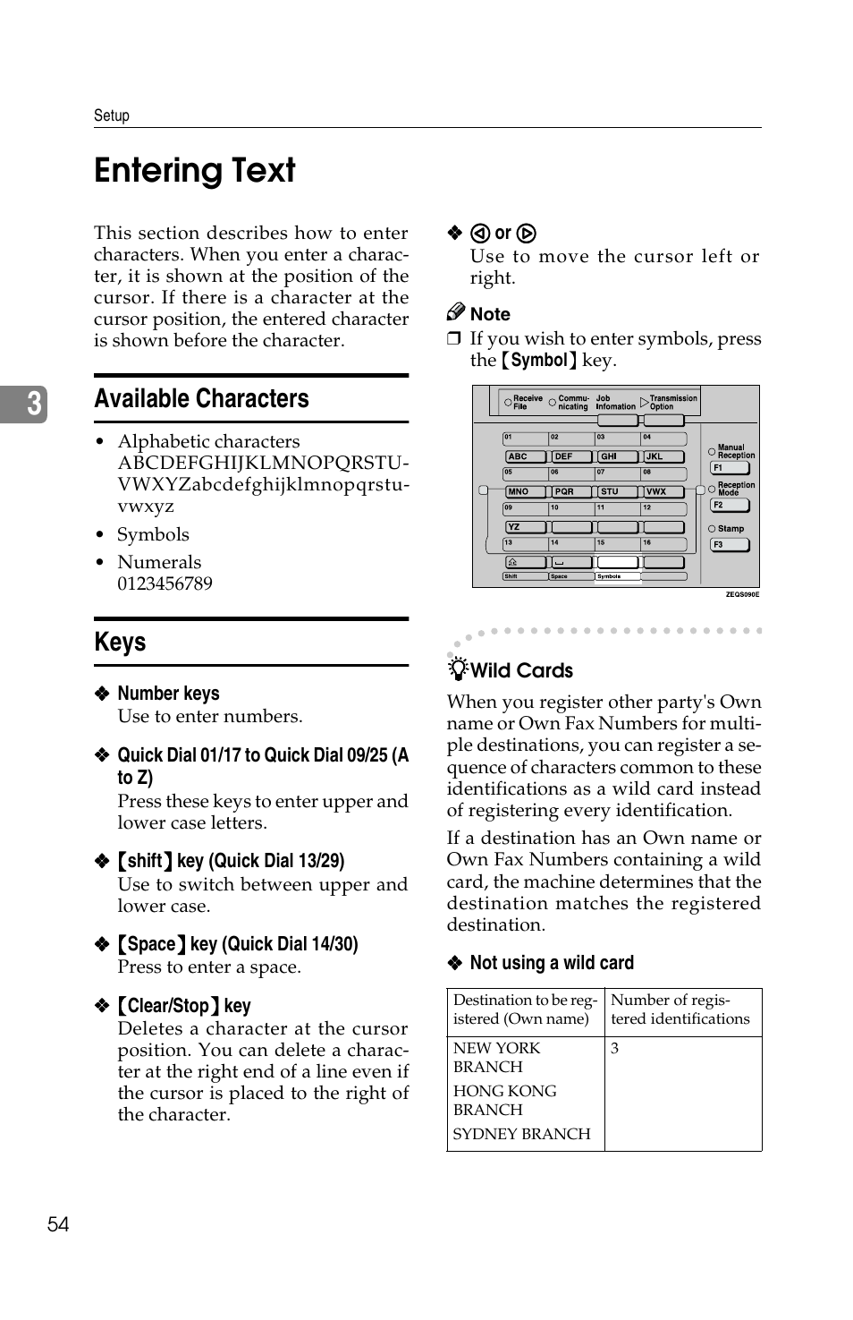3entering text, Available characters, Keys | Savin F ax Machine 1018 User Manual | Page 64 / 193