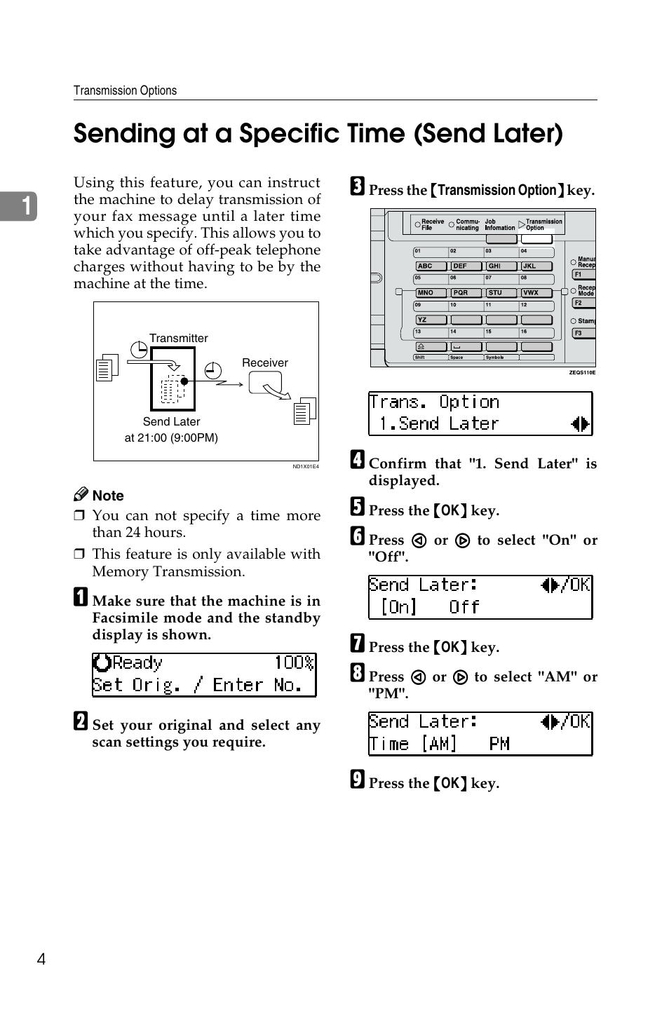 1sending at a specific time (send later) | Savin F ax Machine 1018 User Manual | Page 87 / 193