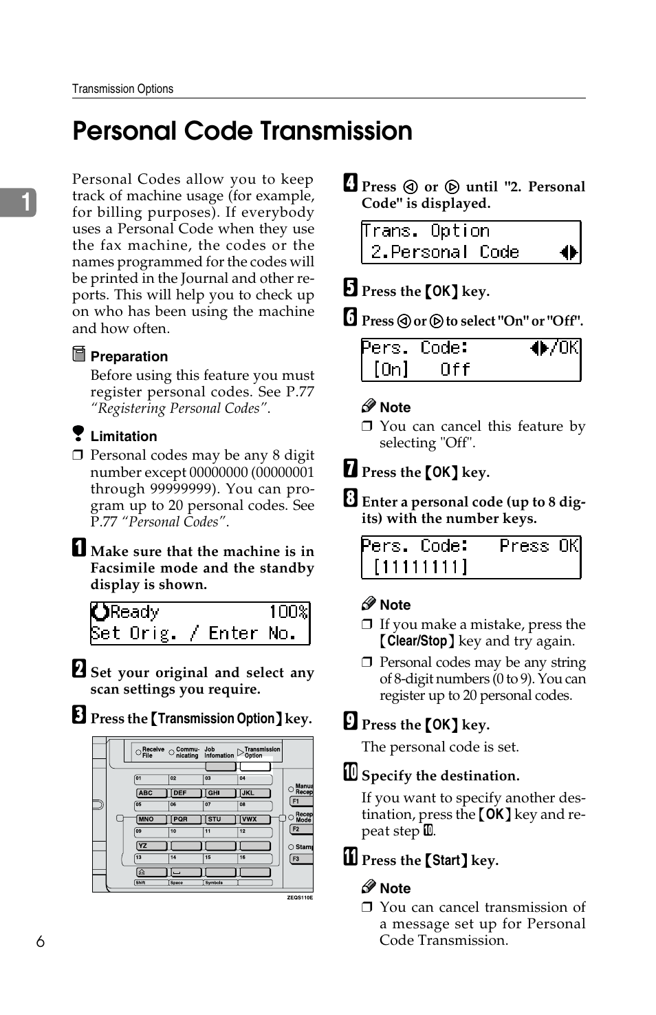 1personal code transmission | Savin F ax Machine 1018 User Manual | Page 89 / 193