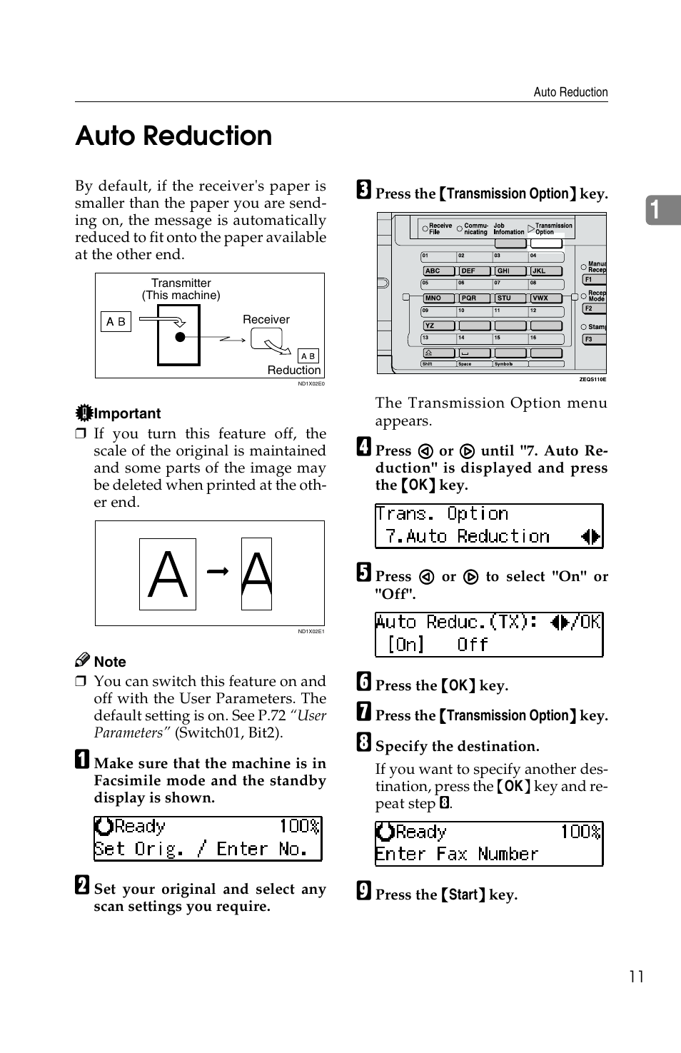 1auto reduction | Savin F ax Machine 1018 User Manual | Page 94 / 193