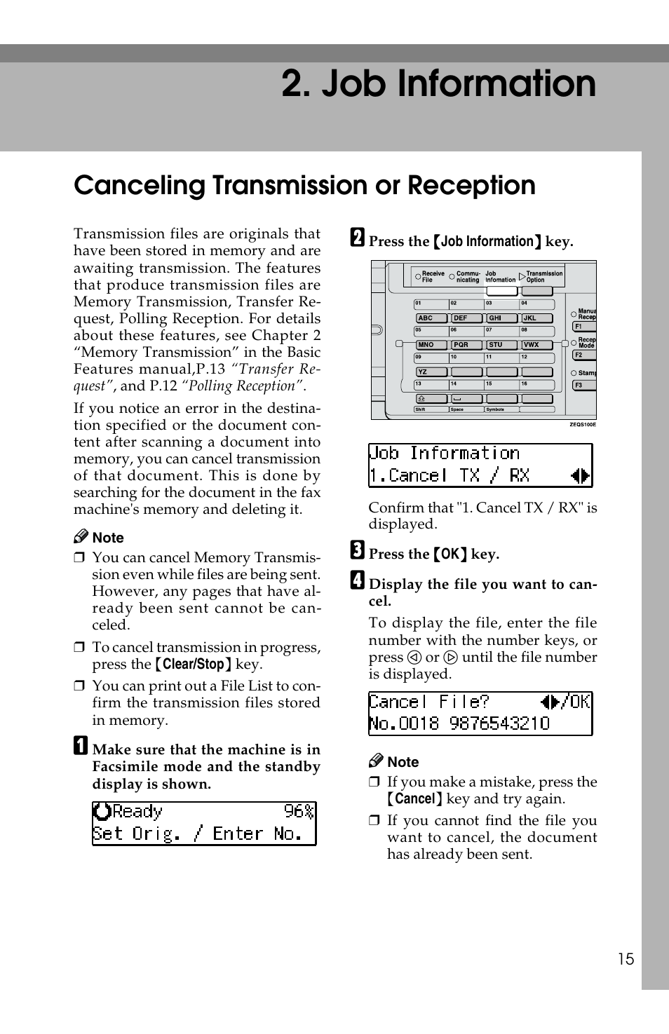 Job information, Canceling transmission or reception | Savin F ax Machine 1018 User Manual | Page 98 / 193