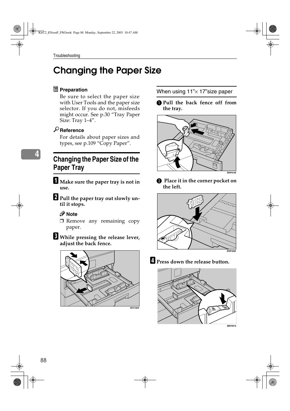 4changing the paper size, Changing the paper size of the paper tray | Savin 4015 User Manual | Page 100 / 128
