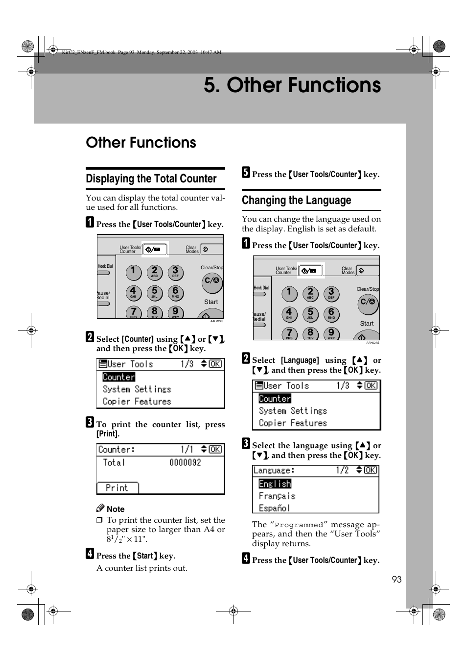 Other functions, Displaying the total counter, Changing the language | Savin 4015 User Manual | Page 105 / 128
