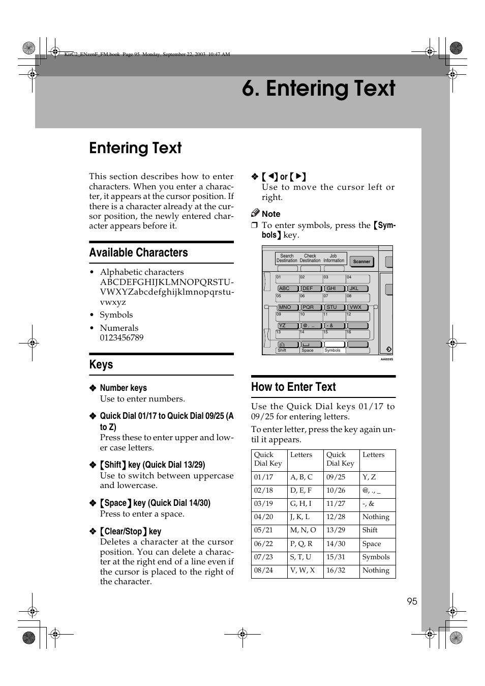 Entering text, Available characters, Keys | How to enter text | Savin 4015 User Manual | Page 107 / 128