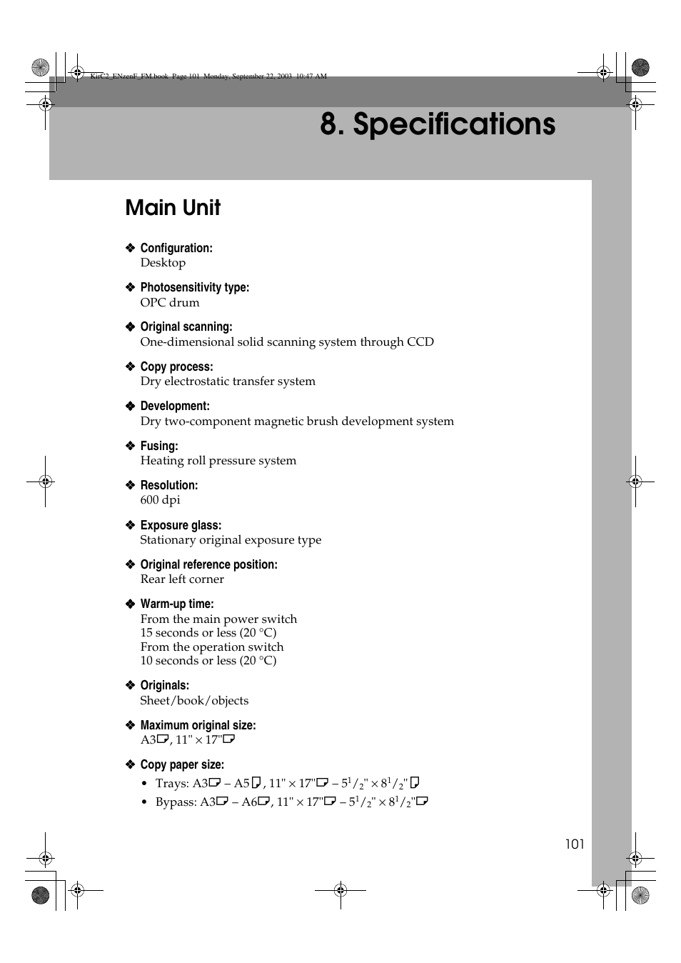 Specifications, Main unit | Savin 4015 User Manual | Page 113 / 128