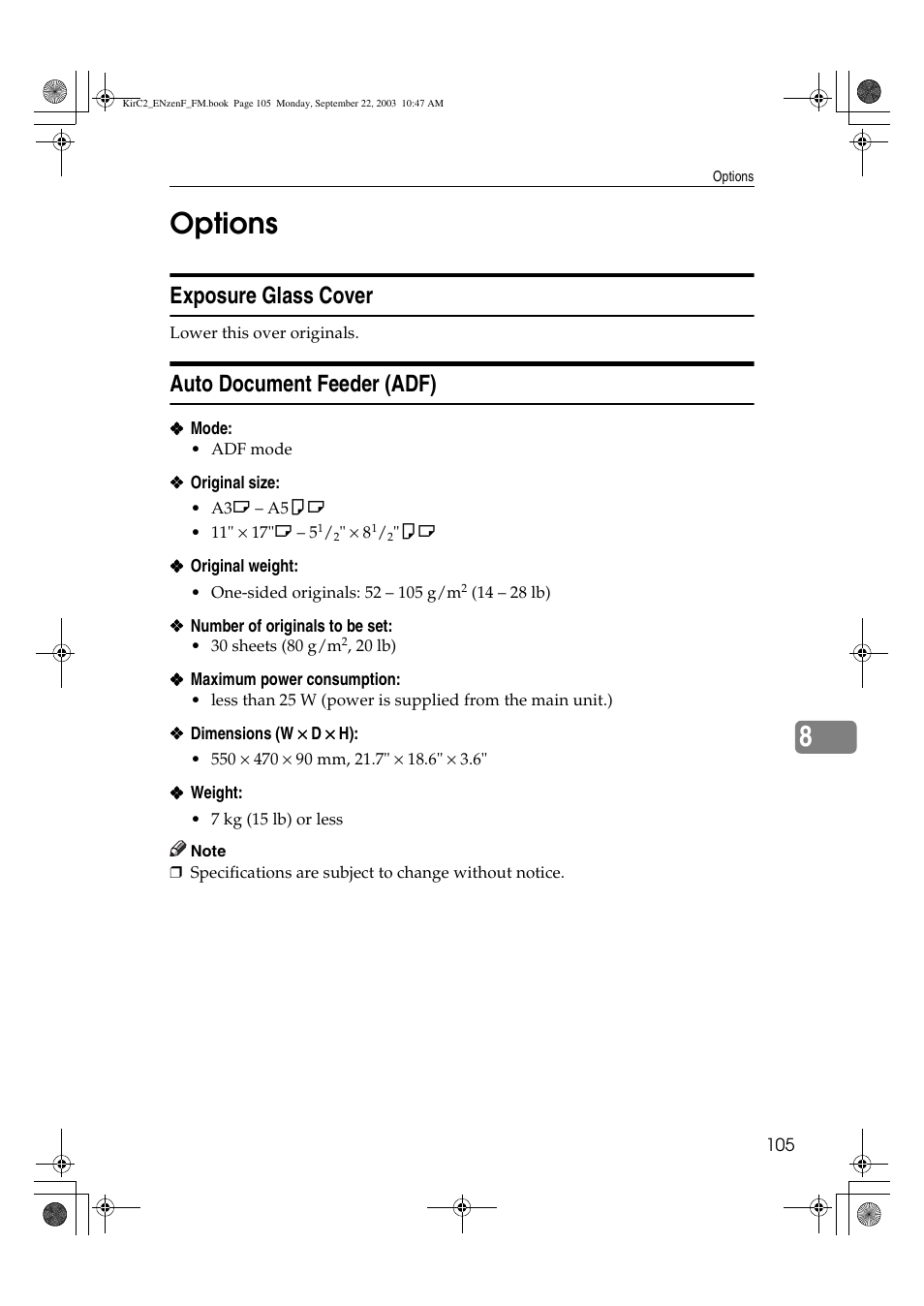 8options, Exposure glass cover, Auto document feeder (adf) | Savin 4015 User Manual | Page 117 / 128