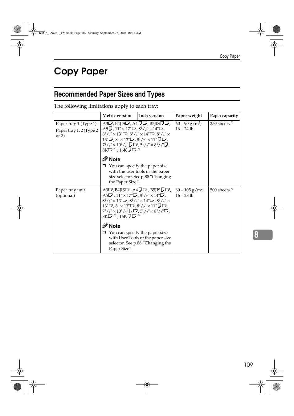 8copy paper, Recommended paper sizes and types, The following limitations apply to each tray | Savin 4015 User Manual | Page 121 / 128