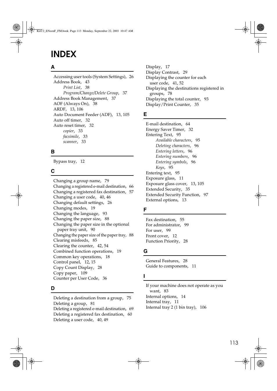 Index | Savin 4015 User Manual | Page 125 / 128