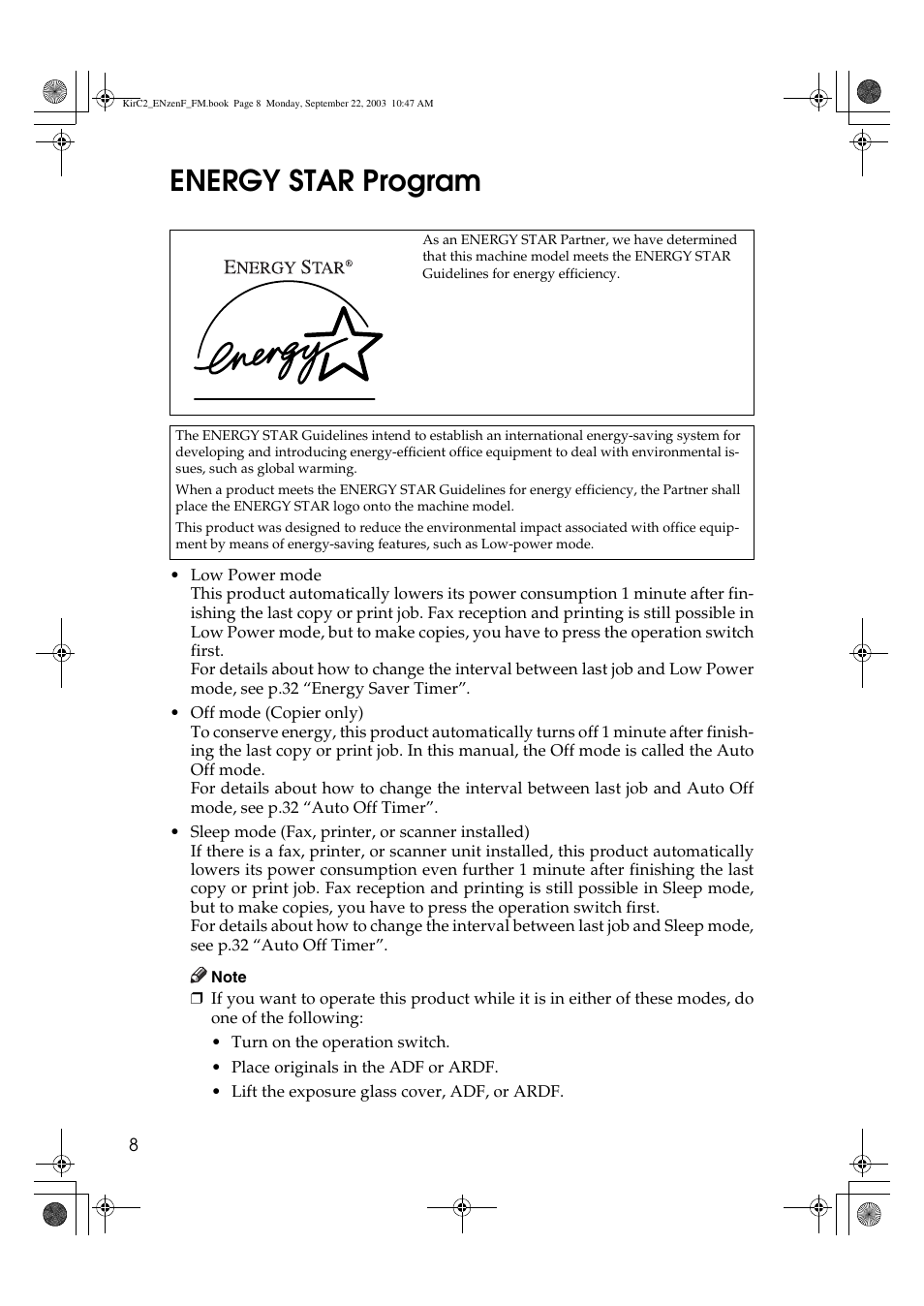 Energy star program | Savin 4015 User Manual | Page 20 / 128