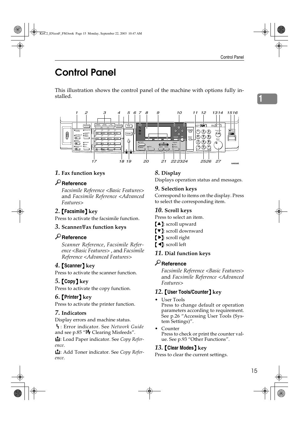 1control panel, Fax function keys, Facsimile }}}} key | Scanner/fax function keys, Scanner }}}} key, Copy }}}} key, Printer }}}} key, Indicators, Display, Selection keys | Savin 4015 User Manual | Page 27 / 128