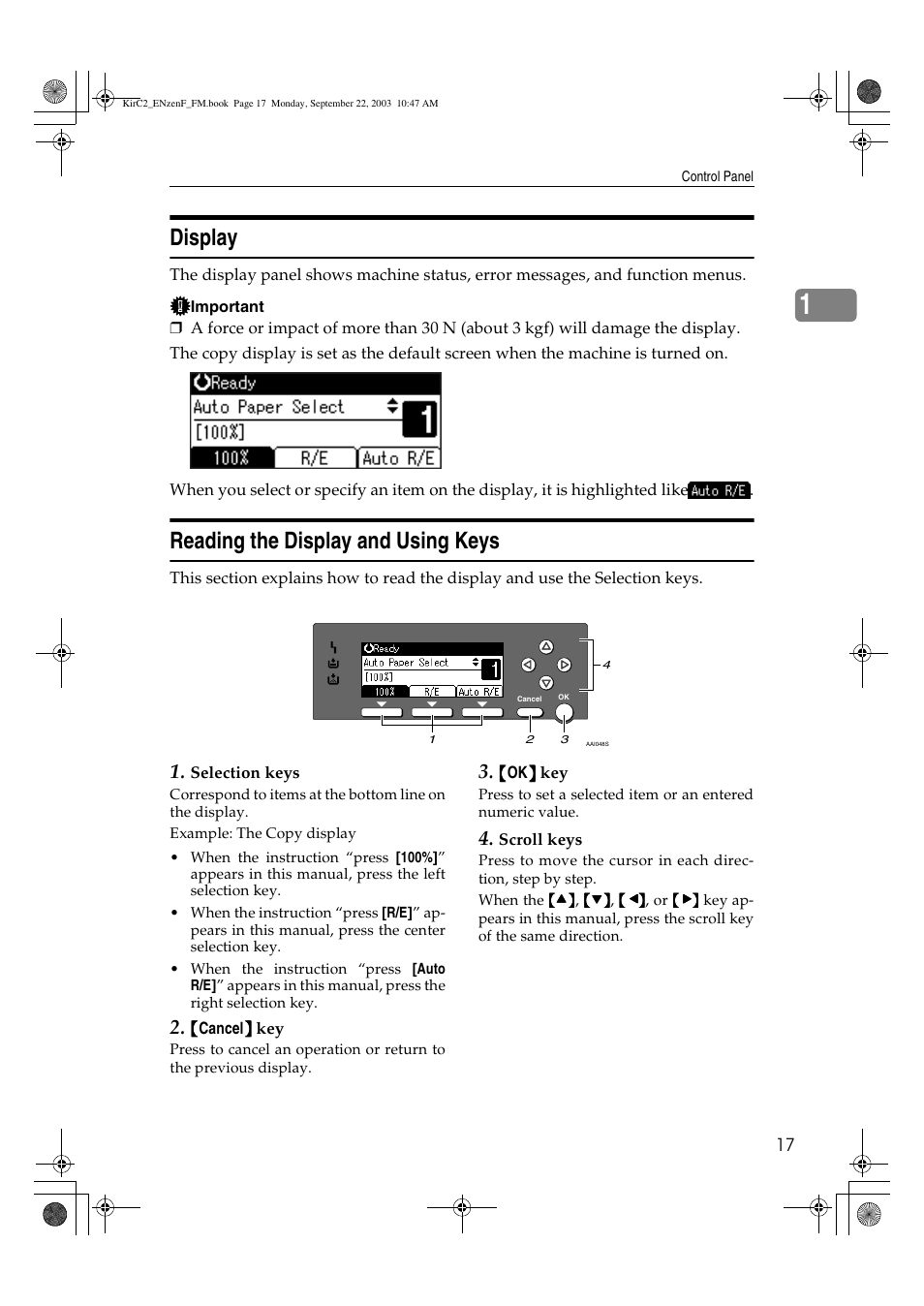 Display, Reading the display and using keys | Savin 4015 User Manual | Page 29 / 128