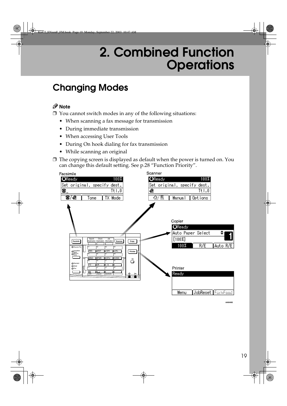 Combined function operations, Changing modes | Savin 4015 User Manual | Page 31 / 128