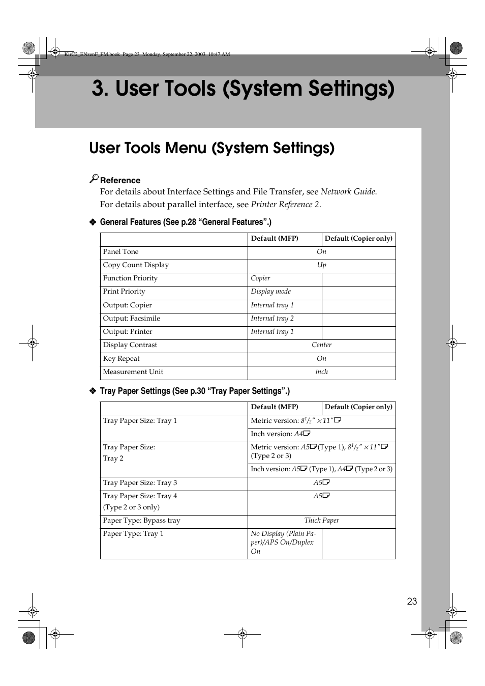 User tools (system settings), User tools menu (system settings) | Savin 4015 User Manual | Page 35 / 128