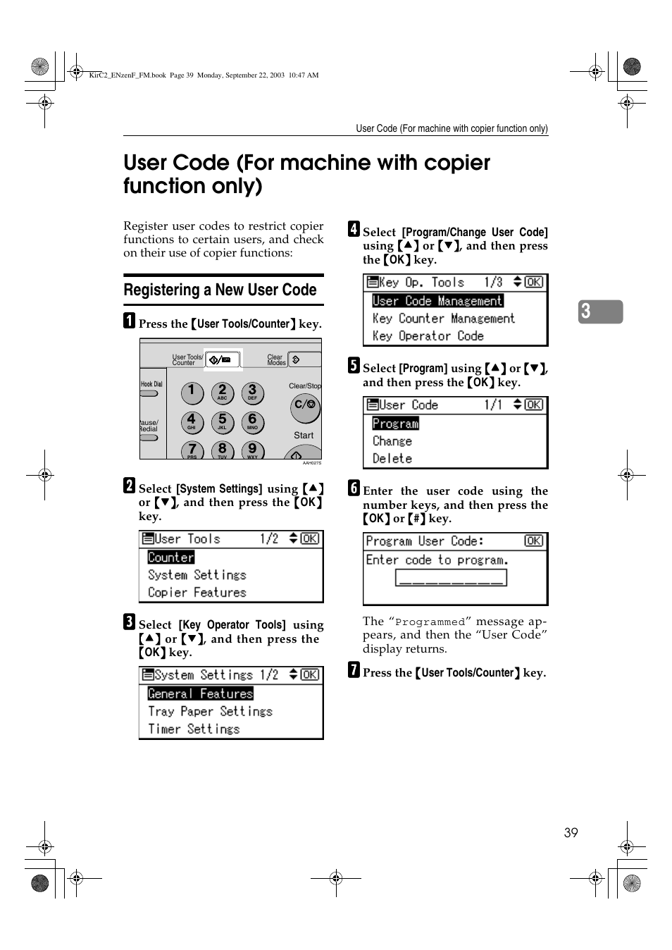 3user code (for machine with copier function only), Registering a new user code | Savin 4015 User Manual | Page 51 / 128