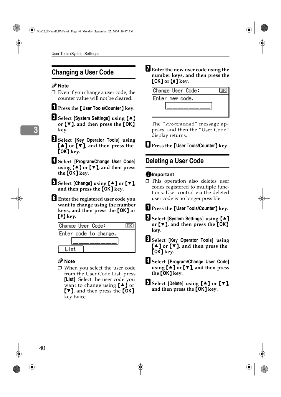 Changing a user code, Deleting a user code | Savin 4015 User Manual | Page 52 / 128