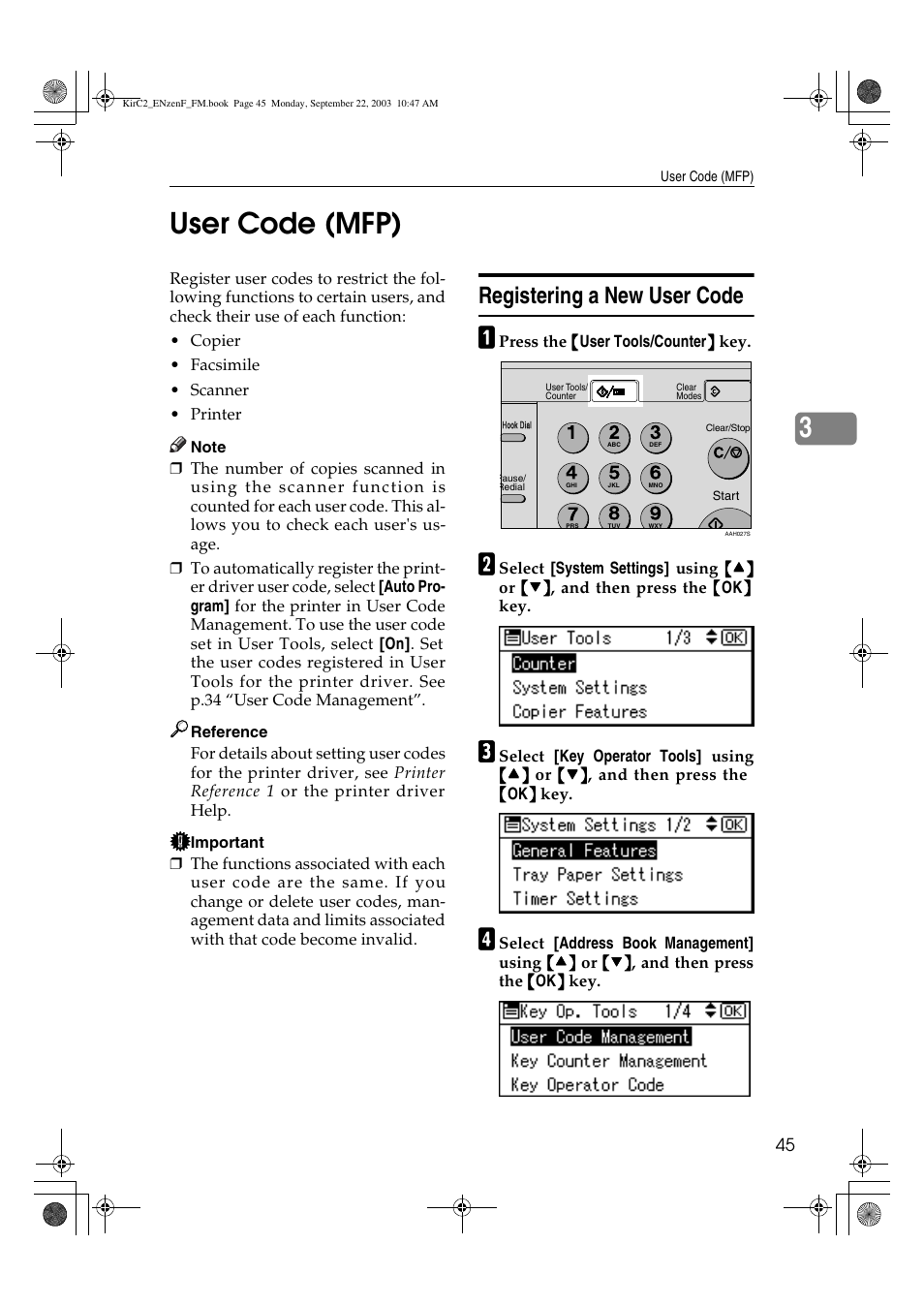 3user code (mfp), Registering a new user code | Savin 4015 User Manual | Page 57 / 128
