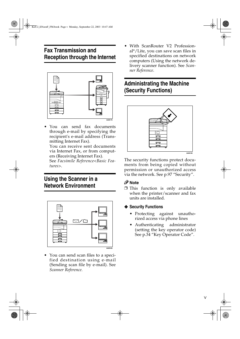 Using the scanner in a network environment, Administrating the machine (security functions) | Savin 4015 User Manual | Page 7 / 128