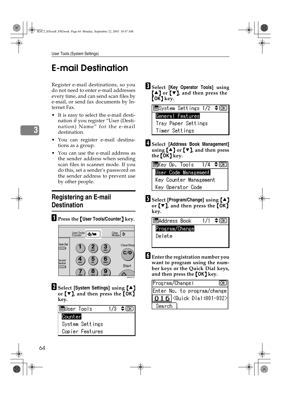 3e-mail destination, Registering an e-mail destination | Savin 4015 User Manual | Page 76 / 128