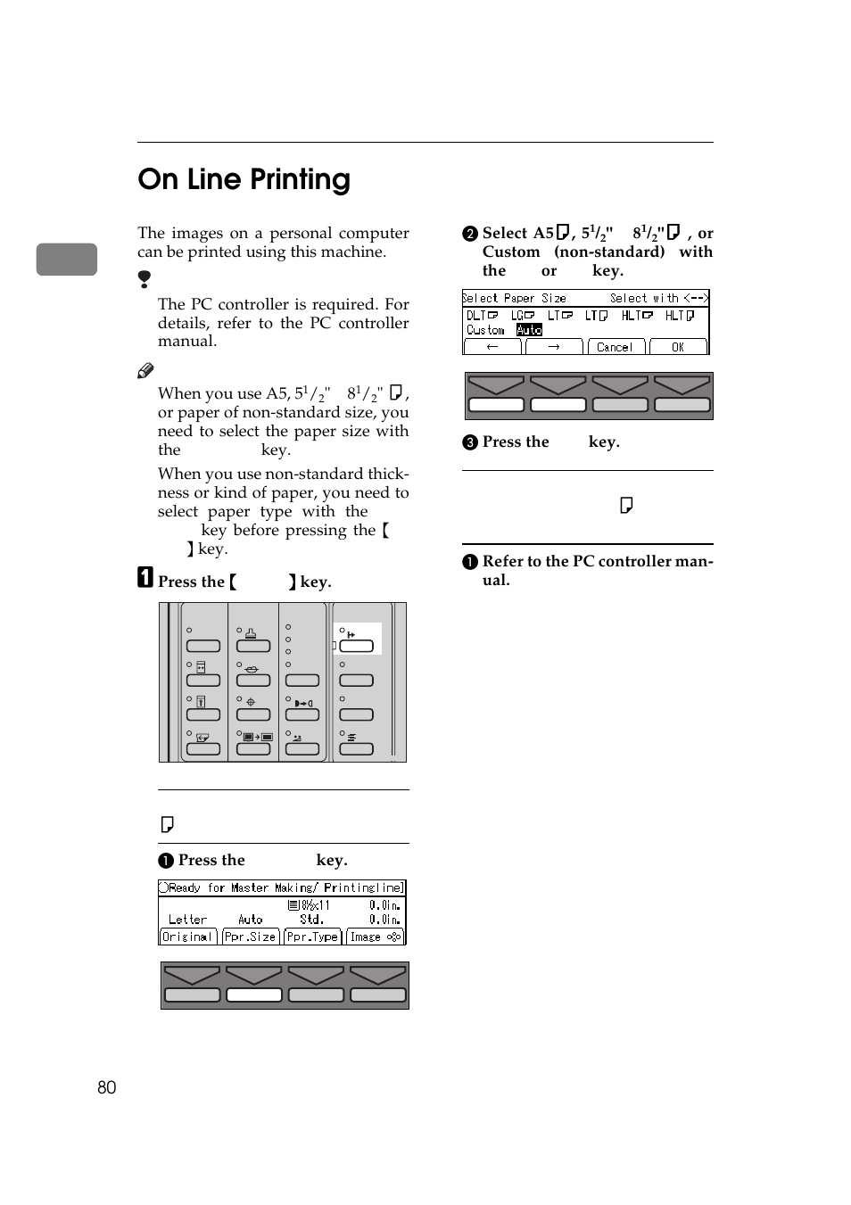 P.80 “on line printing, On line printing, 1on line printing | Savin 5450 User Manual | Page 100 / 230