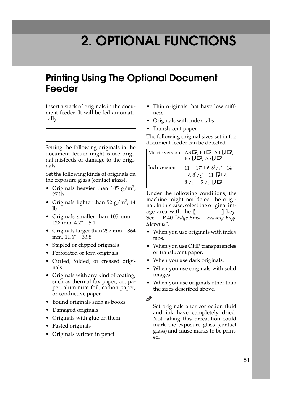 Optional functions, Printing using the optional document feeder, Originals | P.81 “originals | Savin 5450 User Manual | Page 101 / 230