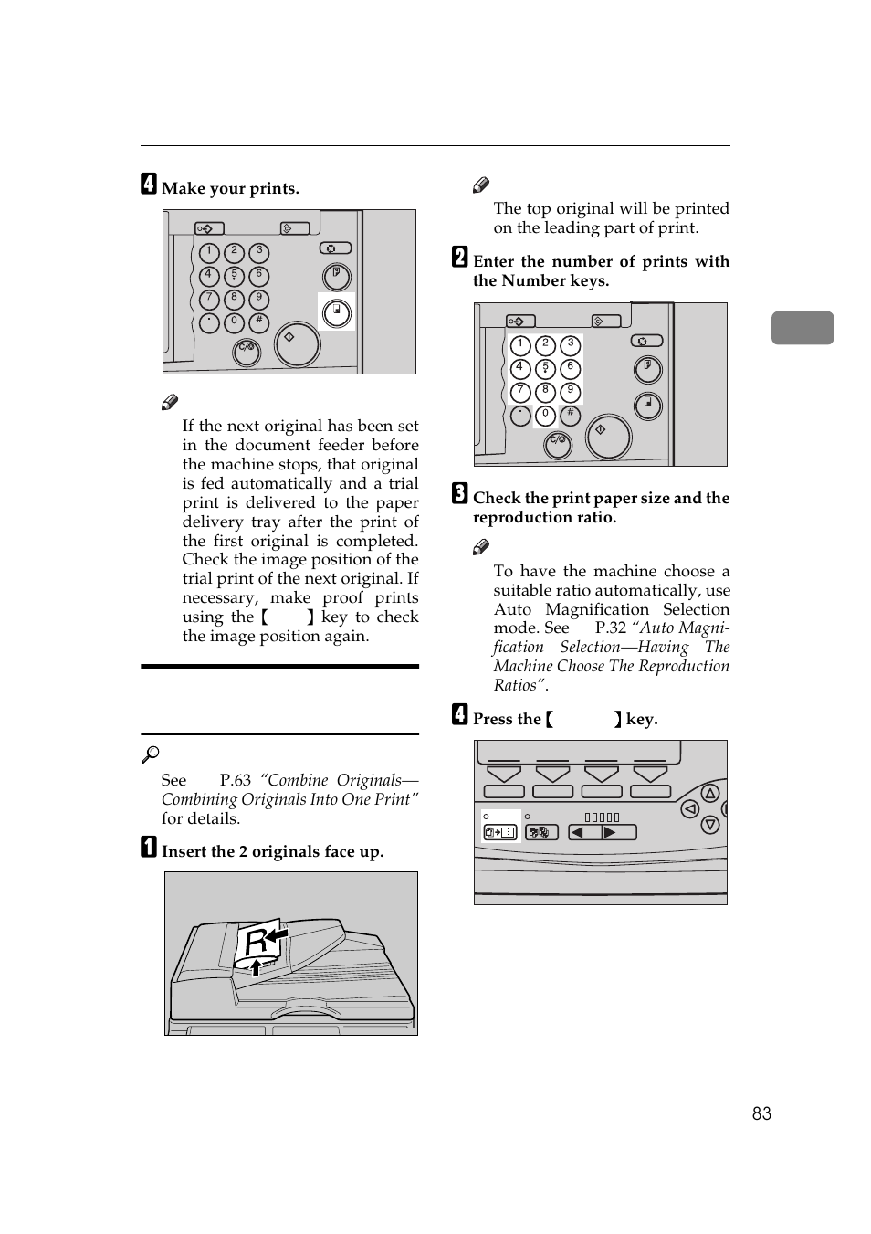 Make your prints, Insert the 2 originals face up, Enter the number of prints with the number keys | Press the {{{{ combine }}}} key | Savin 5450 User Manual | Page 103 / 230